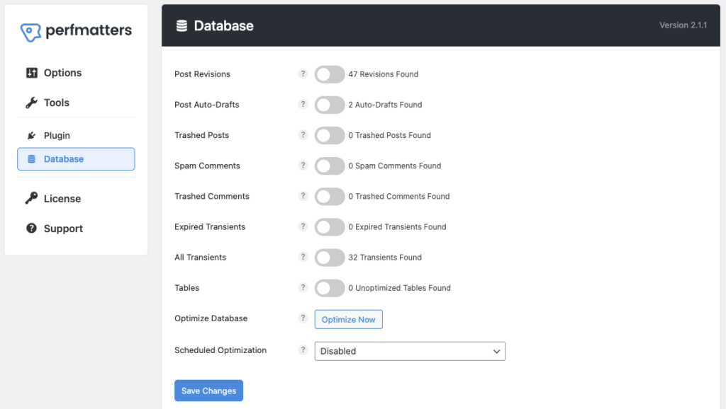 perfmatters-database-optimization-settings