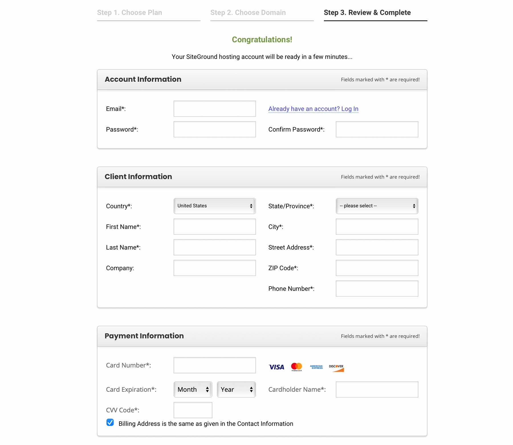 SiteGround 계정 생성