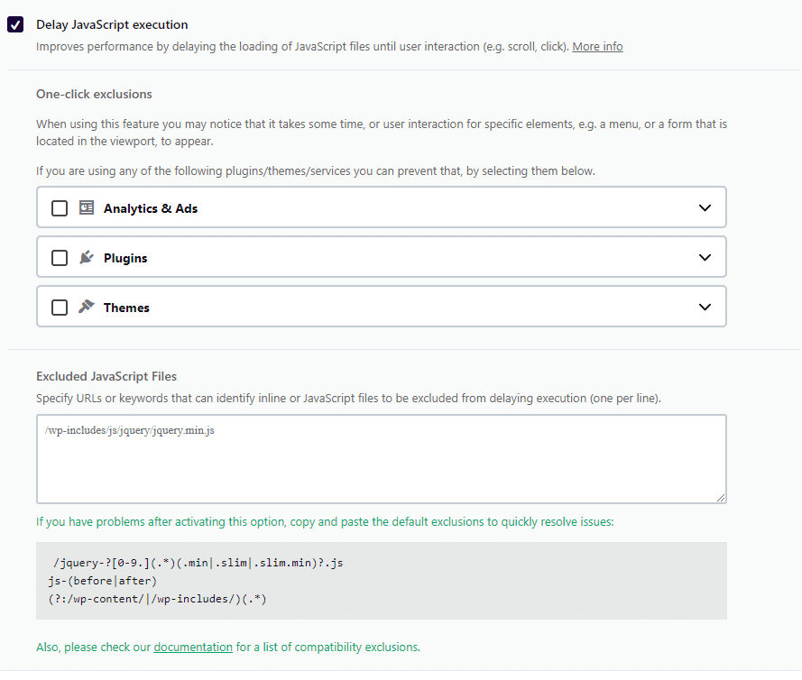 Tunda eksekusi JS - Tab pengoptimalan file, WP Rocket