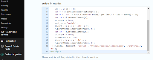 เพิ่มรหัสส่วนหัวในเว็บไซต์ของคุณ - เพิ่มแบบฟอร์ม Flodesk ในบล็อก WordPress