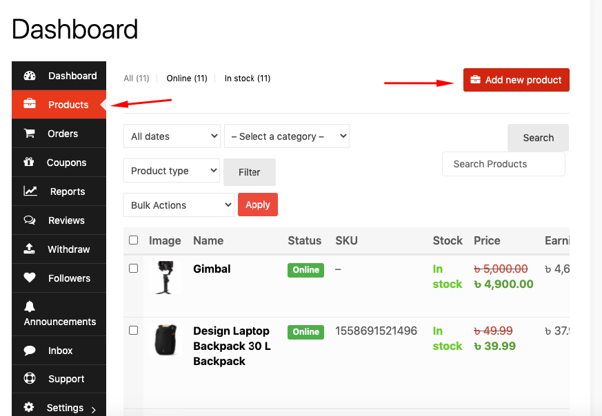 Ini adalah tangkapan layar dasbor vendor Dokan