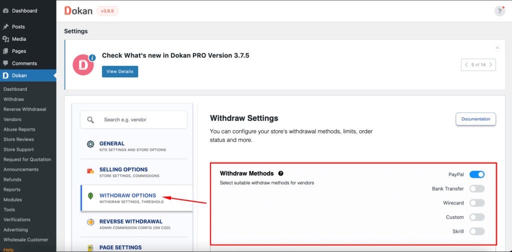 Ceci est une capture d'écran des méthodes de retrait Dokan du backend WordPress