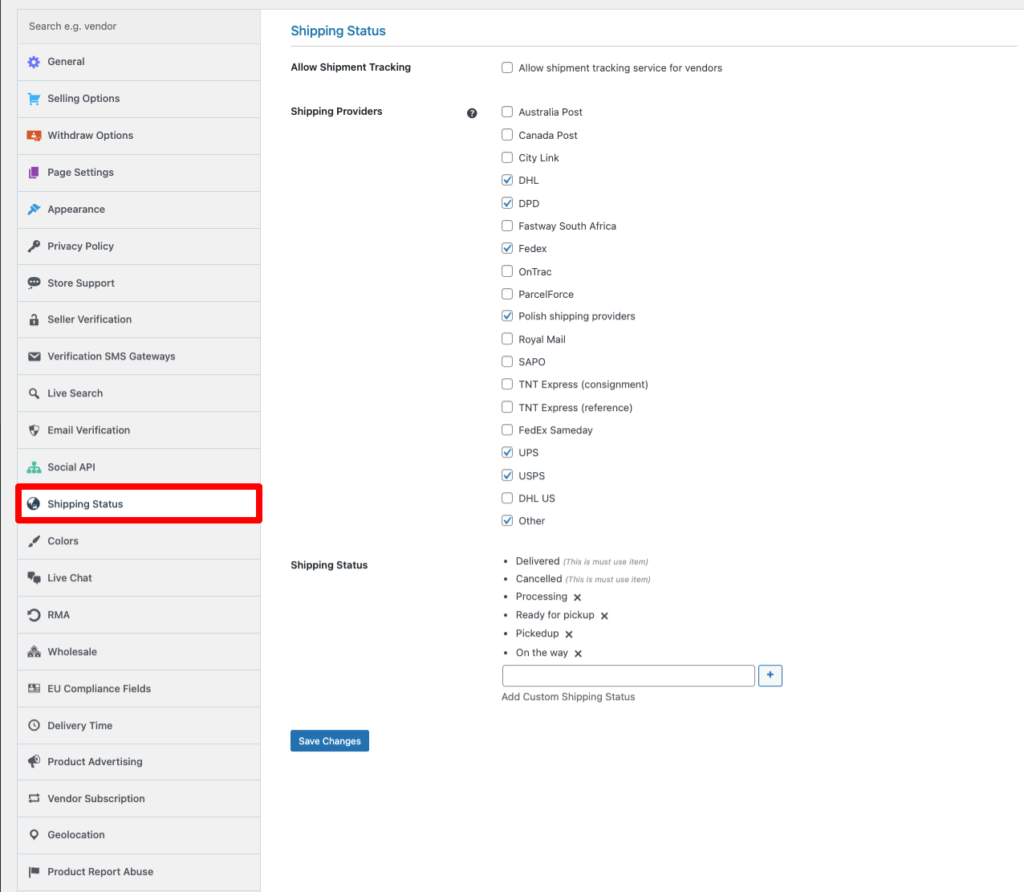 これは、WordPress バックエンドからの Dokan Shipping Status のスクリーンショットです。