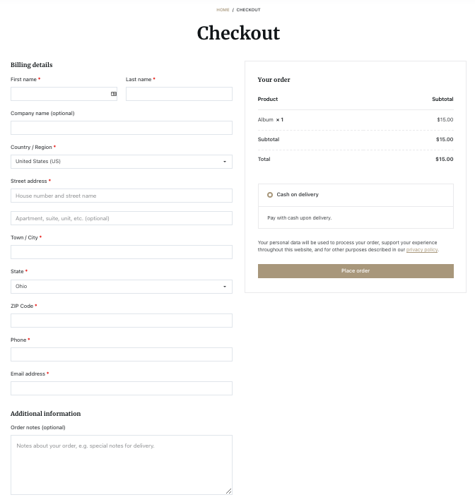 Esta é uma captura de tela da página de checkout padrão do woocommerce