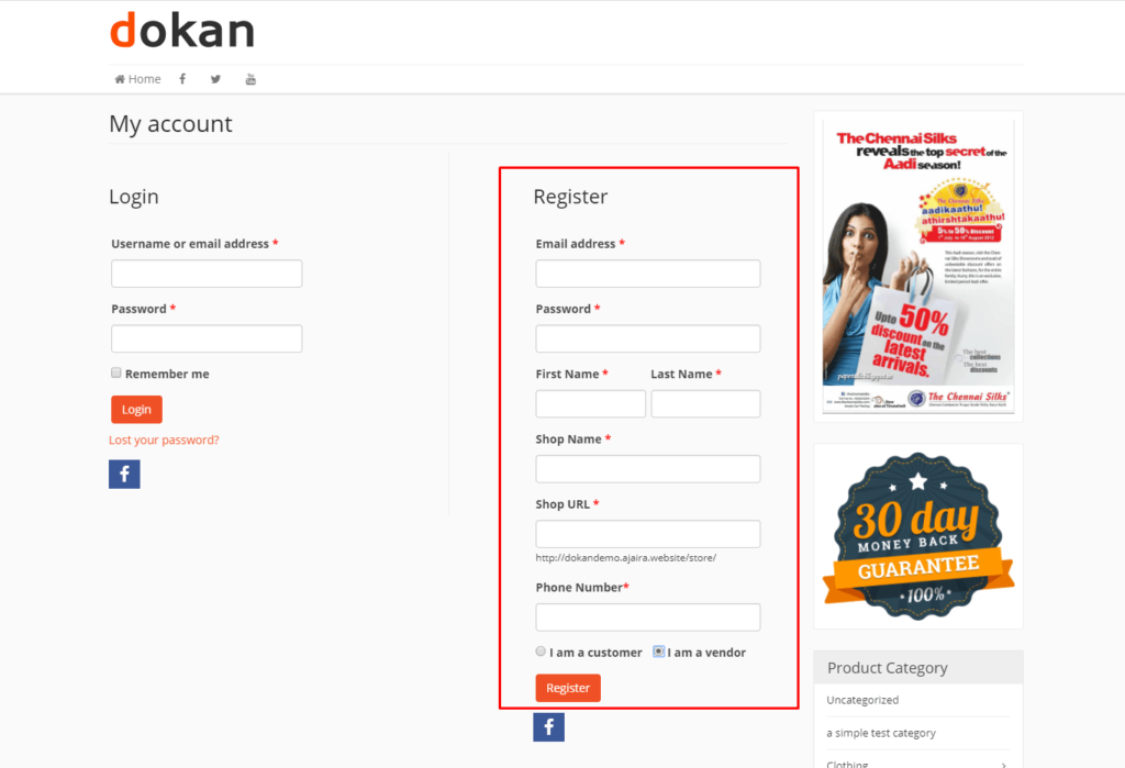 Ini screenshot formulir pendaftaran vendor di Dokan