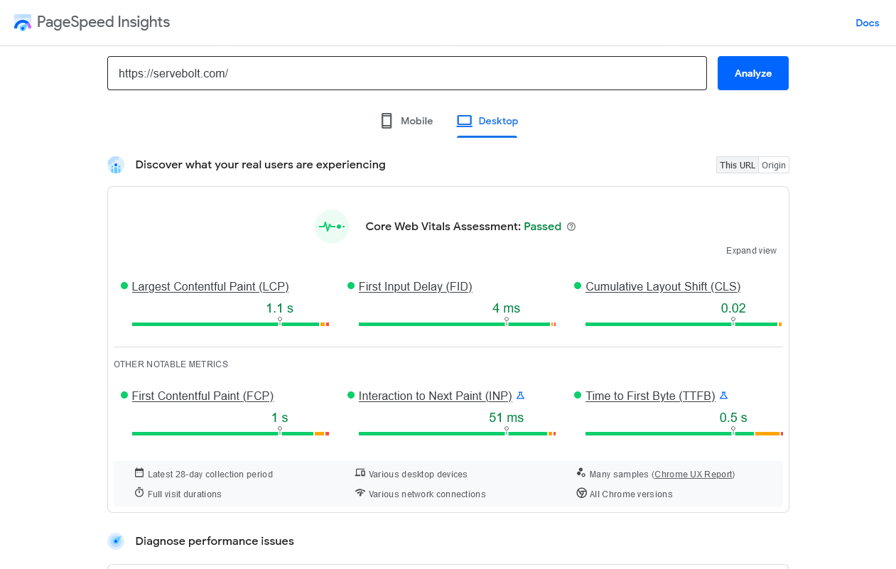 Servebolt.com Información sobre la velocidad de la página de Google