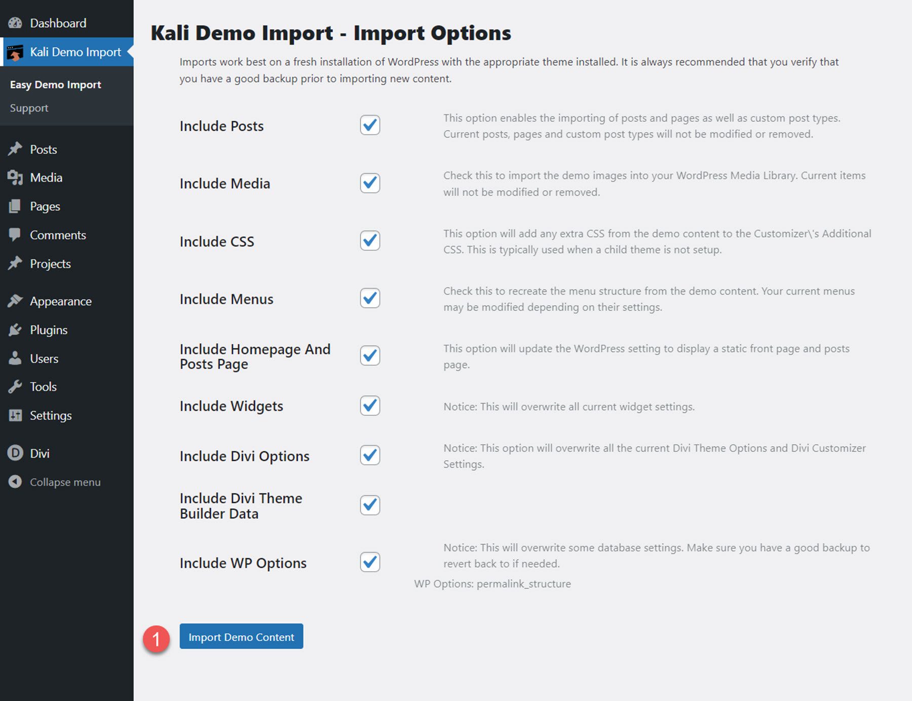 Importação de instalação de tema infantil Kali Multi-Purpose Divi