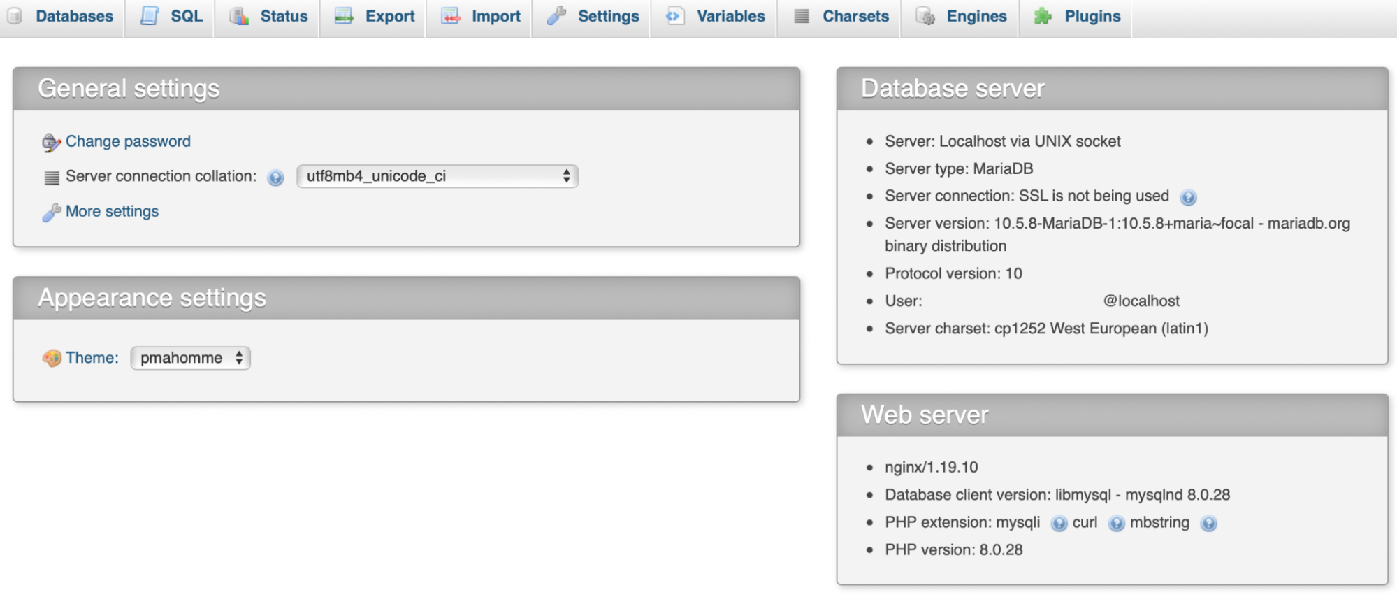 phpMyAdmin 시작 화면