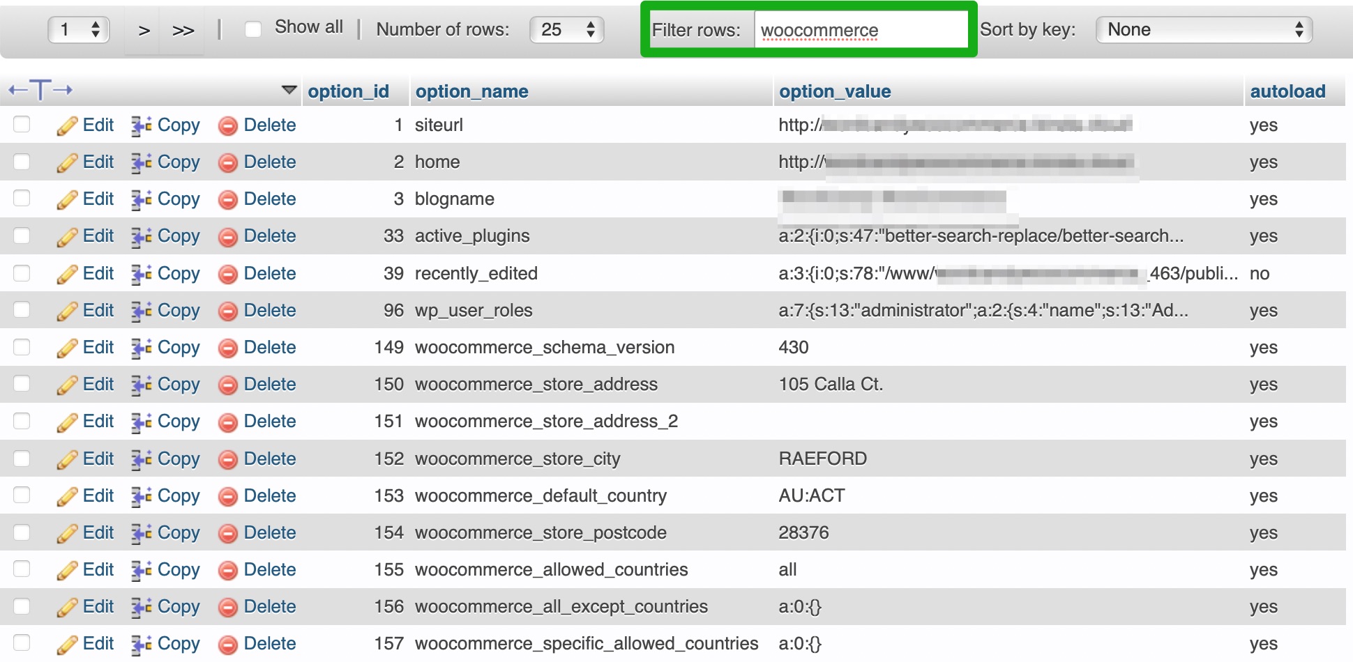 trouver "woocommerce" dans les tables de base de données