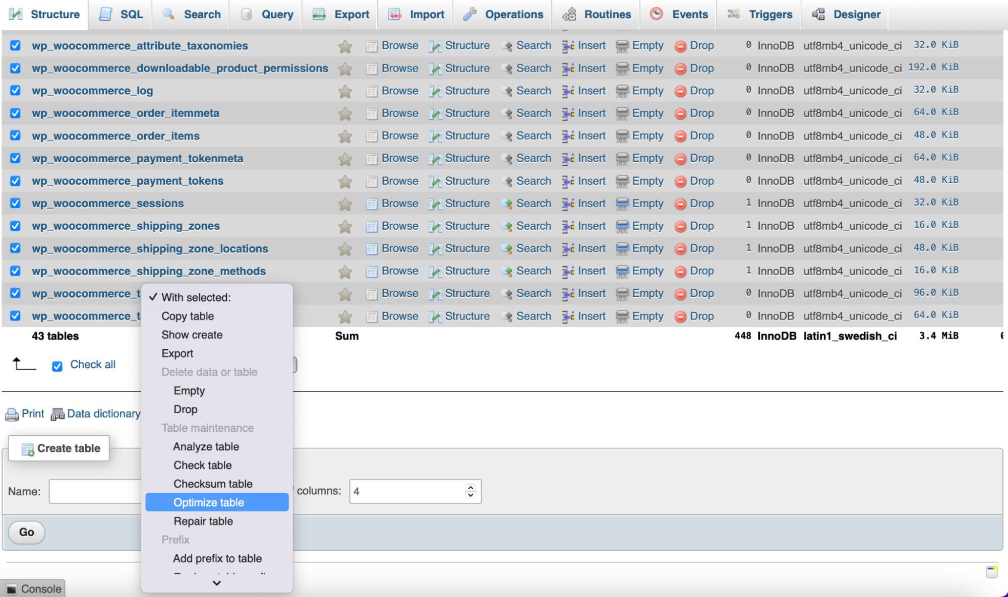 optimizarea unui tabel de bază de date în phpMyAdmin