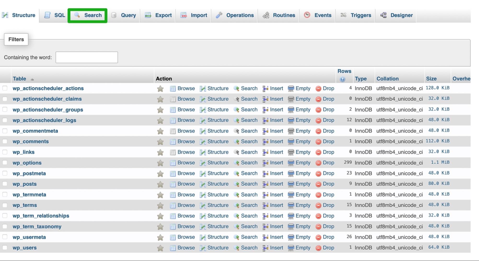 recherche dans phpMyAdmin