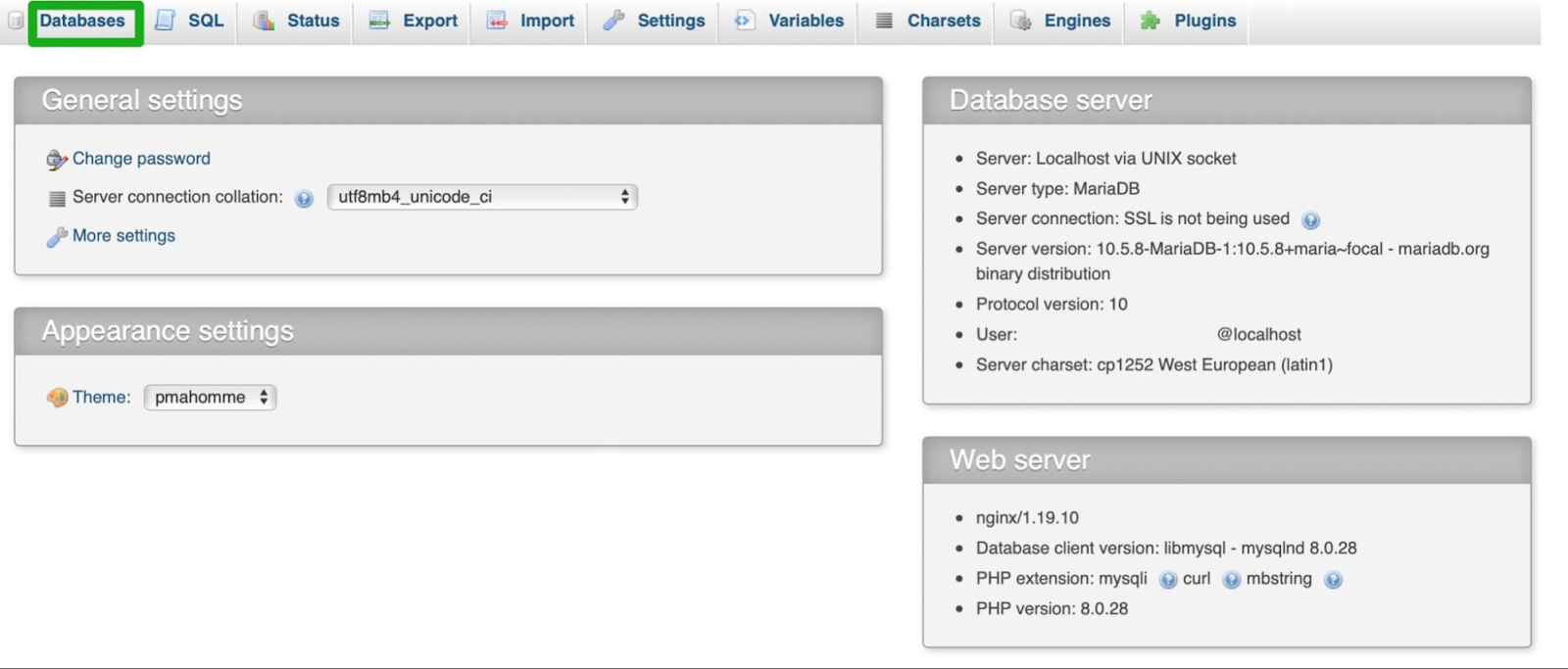 phpMyAdmin'de "Veritabanları"nı seçme