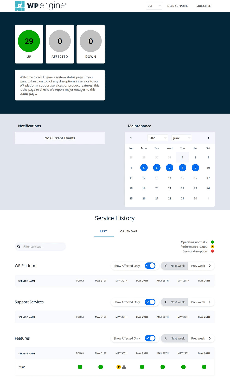 Page d'état du service du moteur WP.