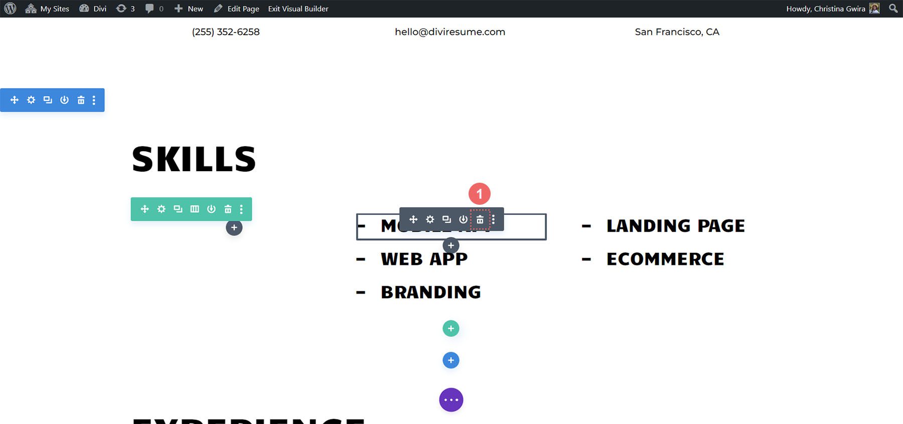 Remova os módulos de texto da seção de habilidades em nosso design de site de currículo online