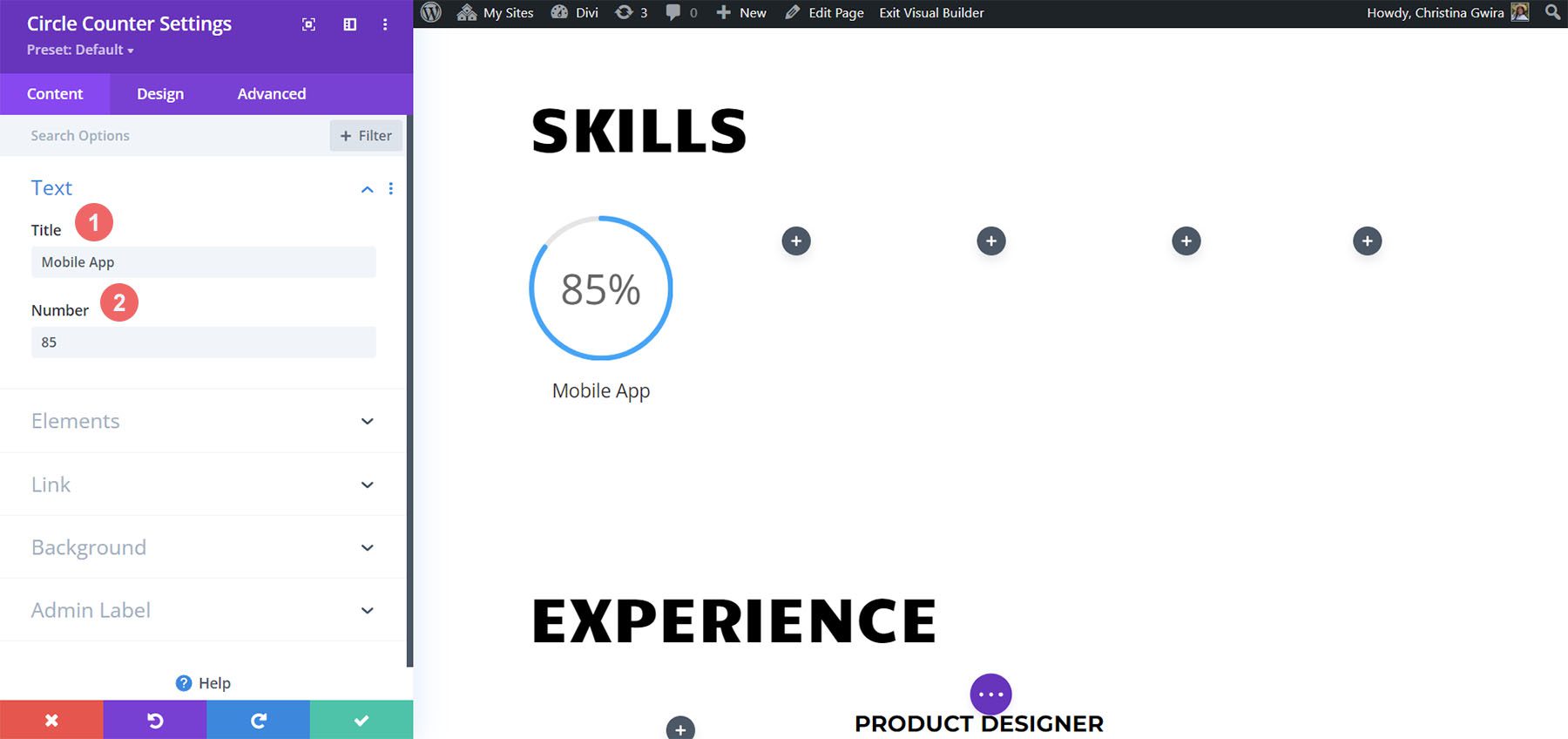 การเพิ่มเนื้อหาข้อความใน Circle Counter Module ในการออกแบบเว็บไซต์เรซูเม่ออนไลน์ของเรา