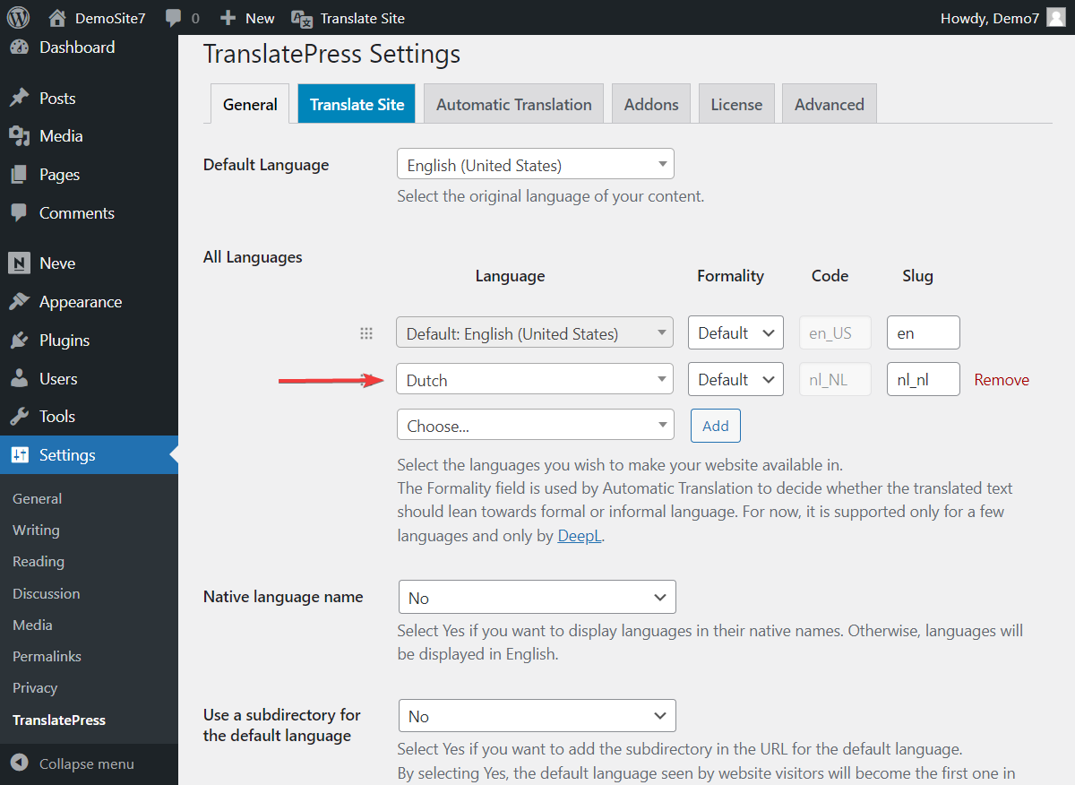 Wählen Sie die TranslatePress-Sprache aus