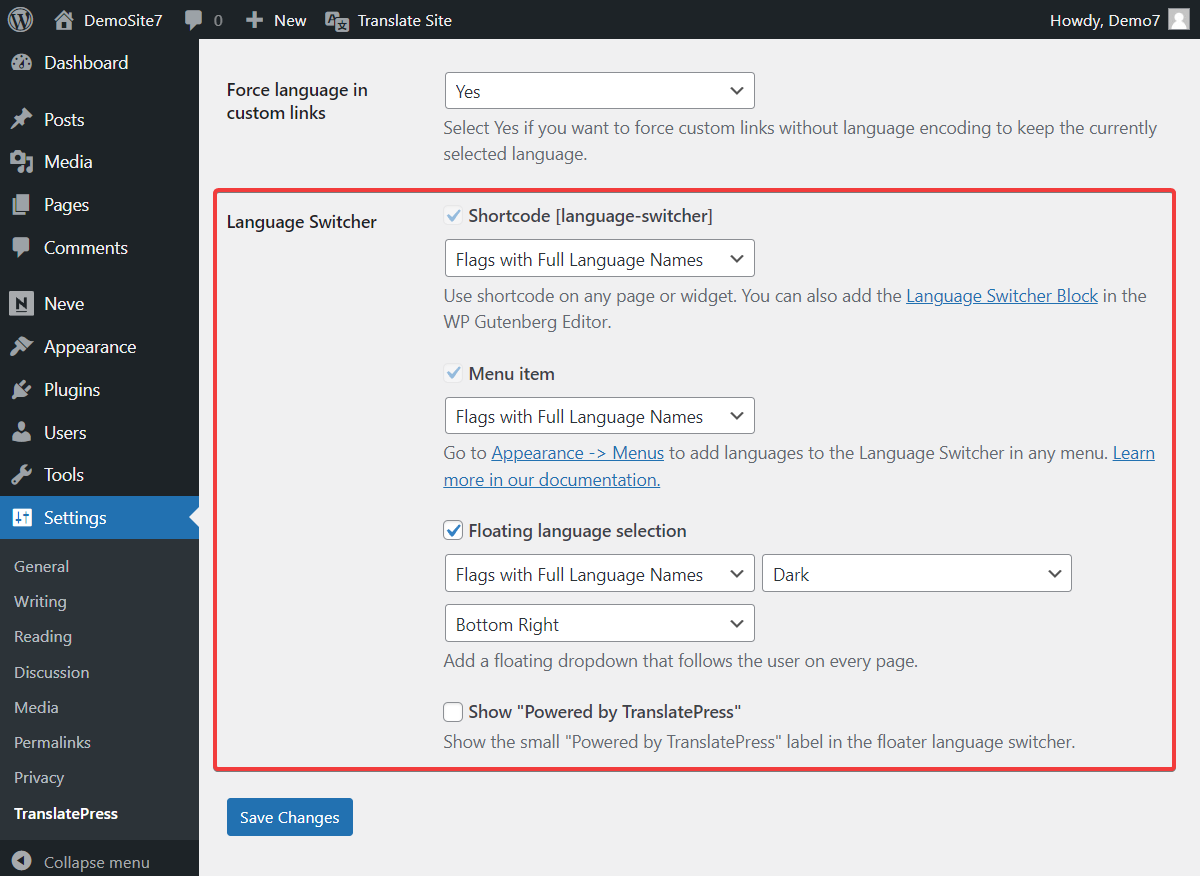 Seleccione idiomas para cambiar de idioma dentro de la configuración del complemento