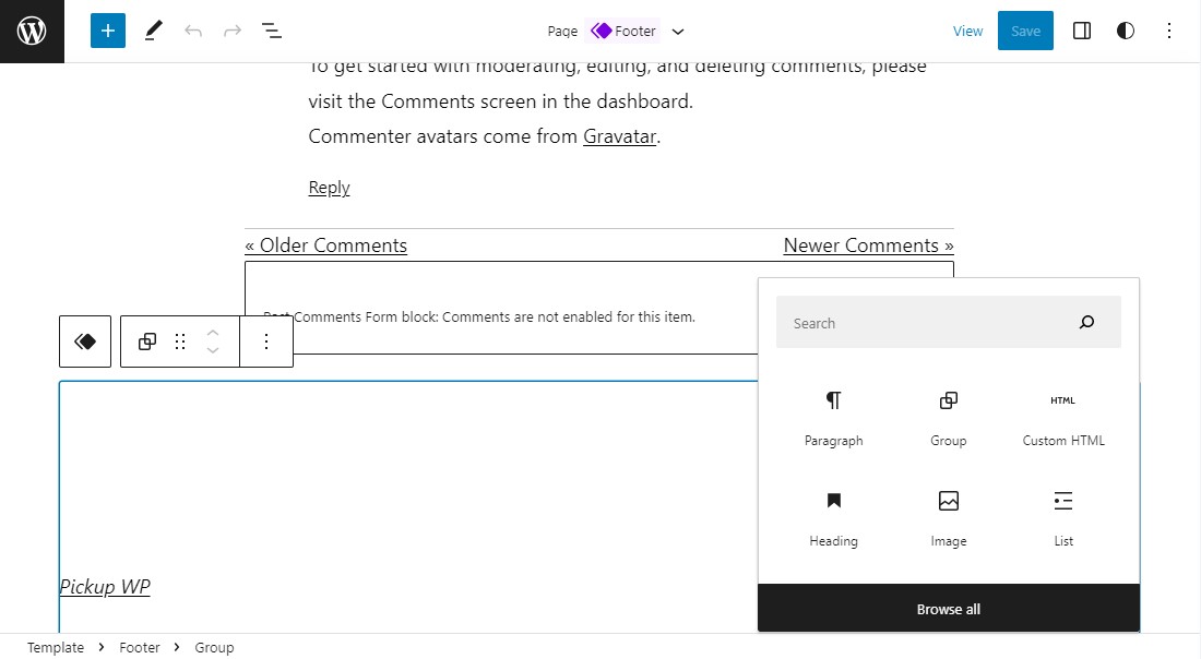 Tambahkan Blok di Footer Editor Situs Lengkap