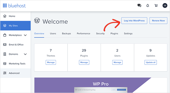 Bluehost dashboard WordPress login