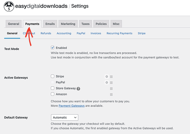 Easy Digital Downloads payment settings