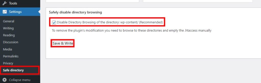 la configuración del complemento deshabilita la exploración de directorios en wordpress