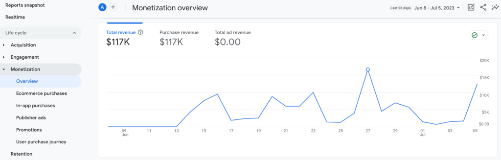 Une capture d'écran de l'aperçu de la monétisation sur GA4 eCommerce