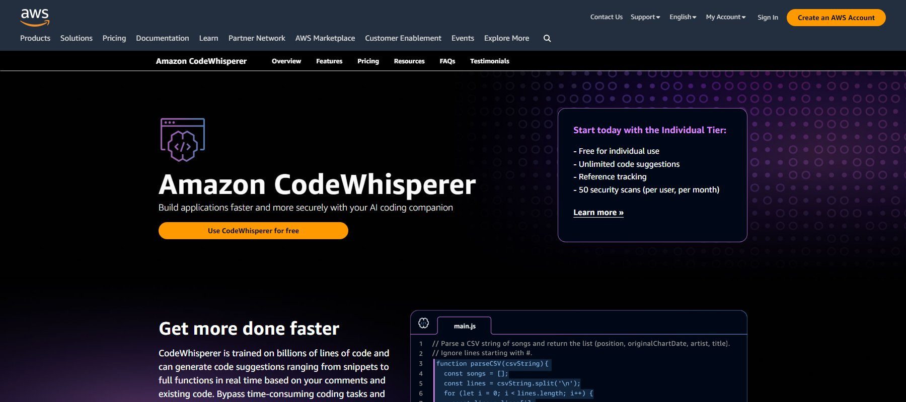 Amazon CodeWhisperer - Pagina de pornire iulie 2023