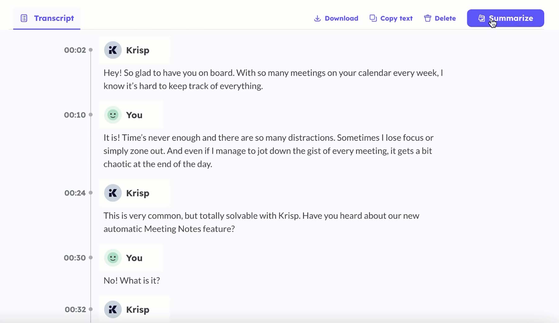 resumos de transcrição de Krisp
