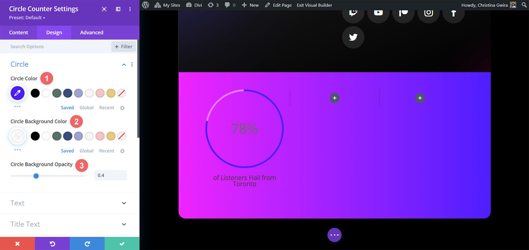 As configurações da guia Design para a guia Círculo