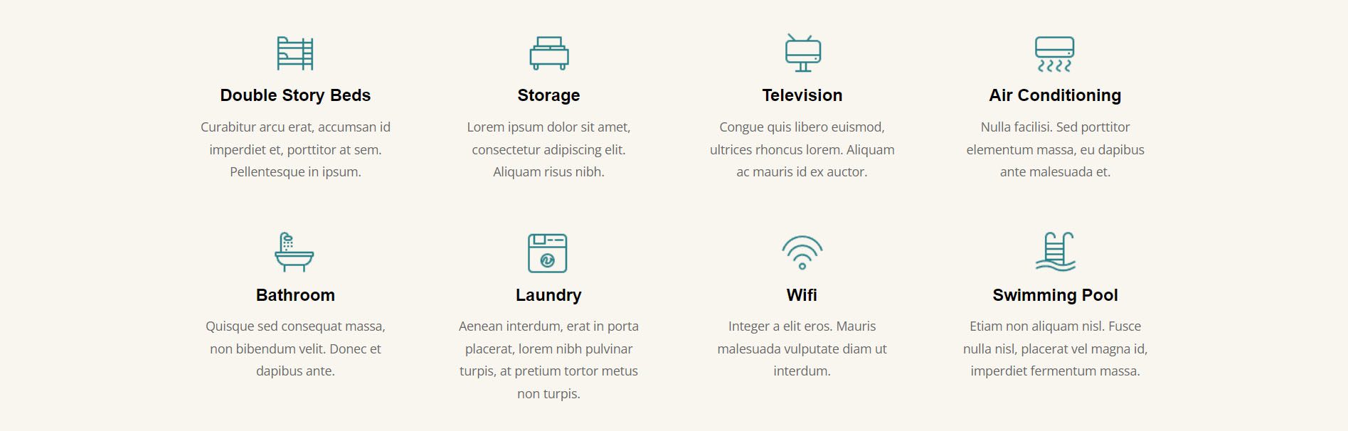 ส่วนสิ่งอำนวยความสะดวกของ Divi Hostel ภายในเทมเพลตหน้า Landing Page