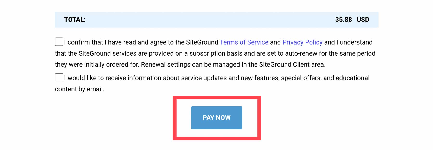 Завершите покупку SiteGround