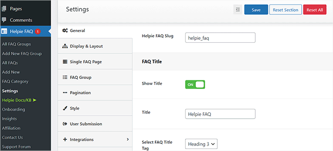 Helpie FAQ dashboard