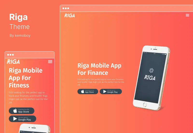 Riga テーマ - モバイル アプリのランディング ページ WordPress テーマ