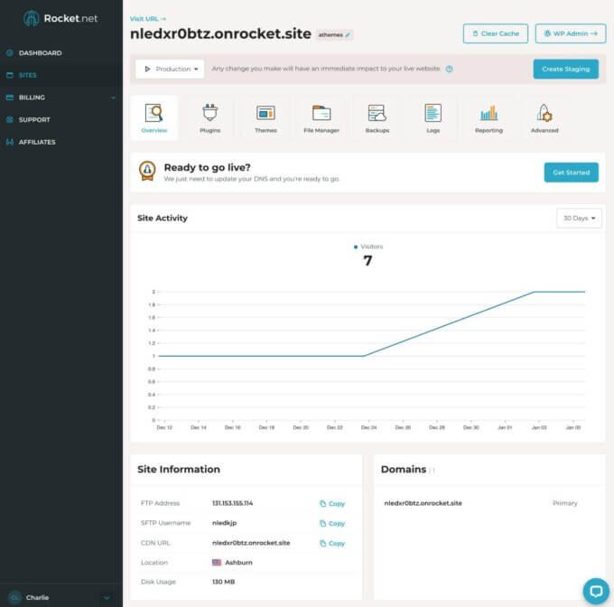 Dashboard del sito Rocket.net