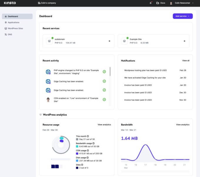 แดชบอร์ด MyKinsta ส่วนติดต่อผู้ใช้