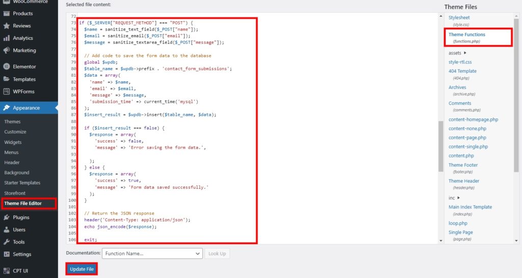 pagina di codice di invio del modulo crea un modulo in wordpress