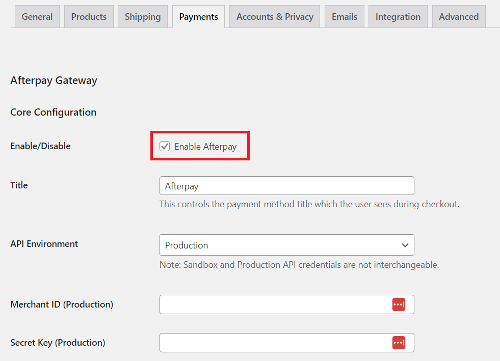 เพิ่ม Afterpay ไปที่ WooCommerce