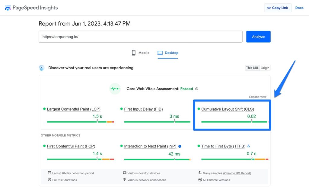 ตัวชี้วัด cls ในข้อมูลเชิงลึกของ pagespeed