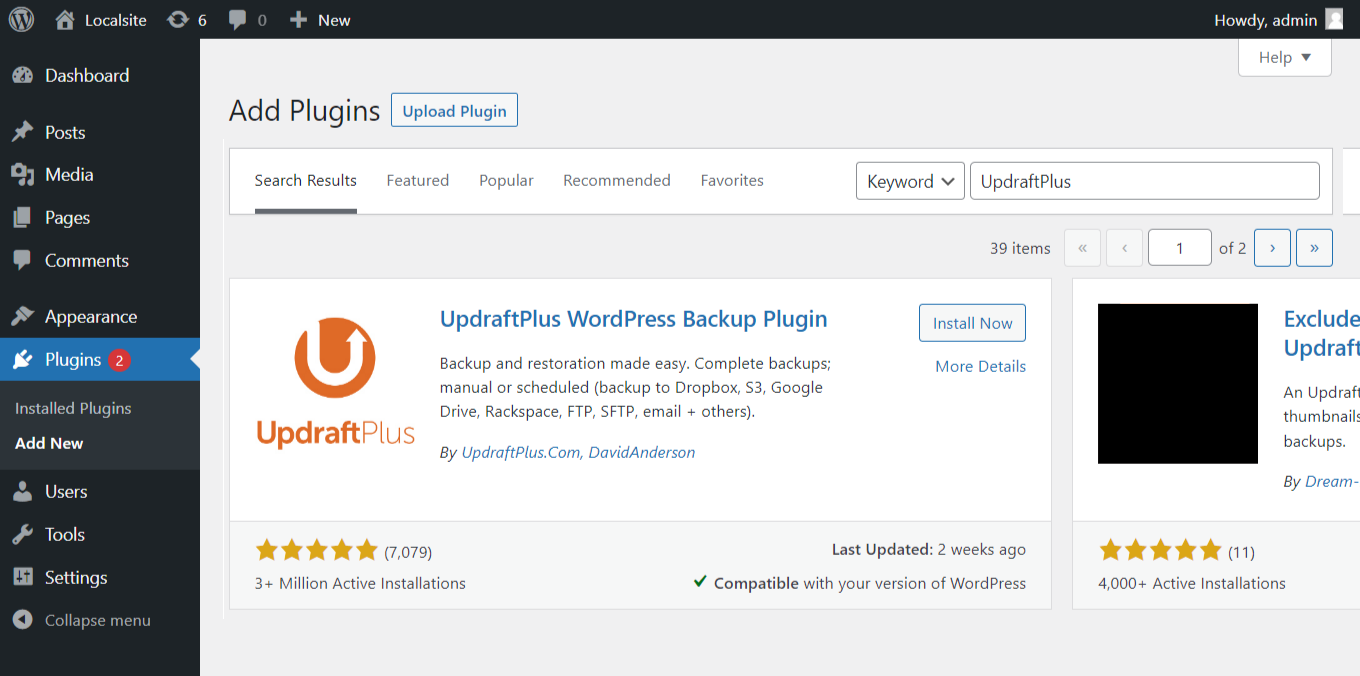 Instal plugin cadangan WordPress