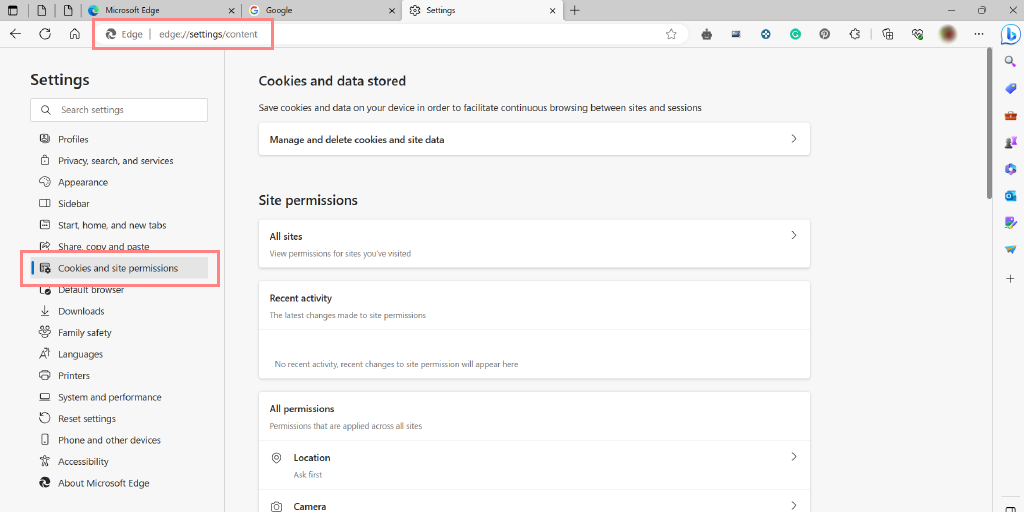 Cookies and Site Permission in Edge