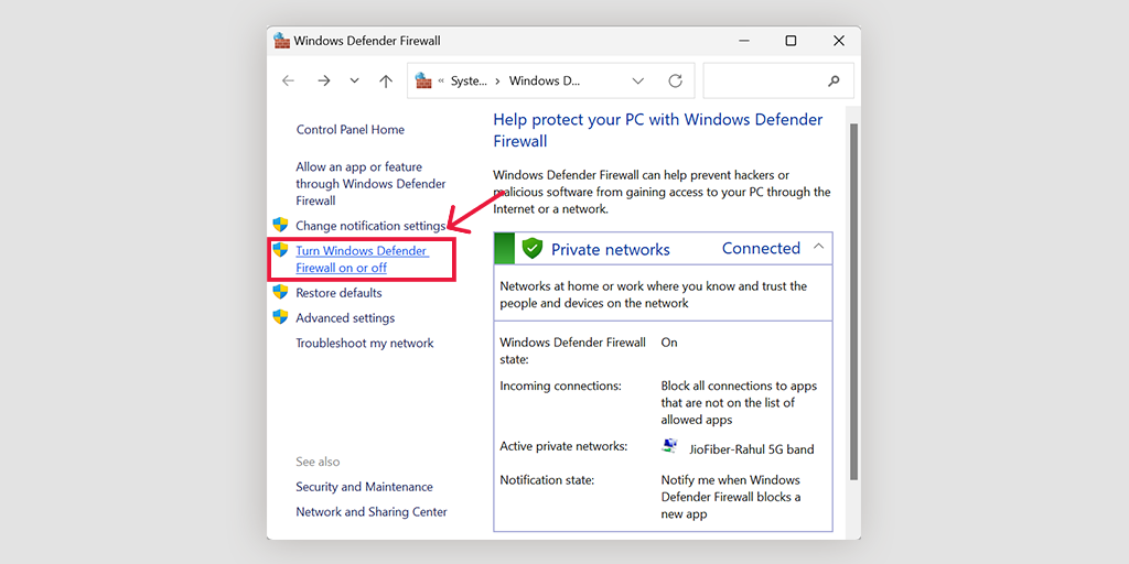 Turning on/off Windows Defender firewall