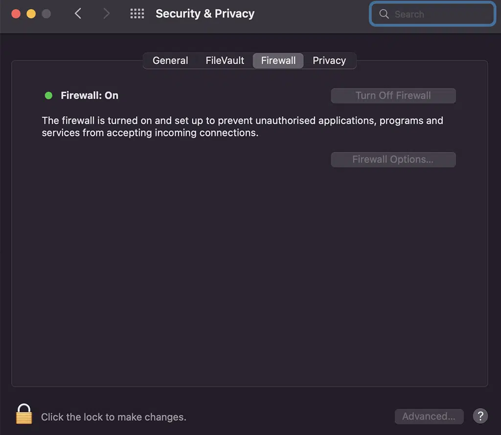Turning off Firewall on mac