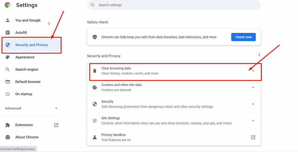 Clearing cookies and cache memory on chrome browser