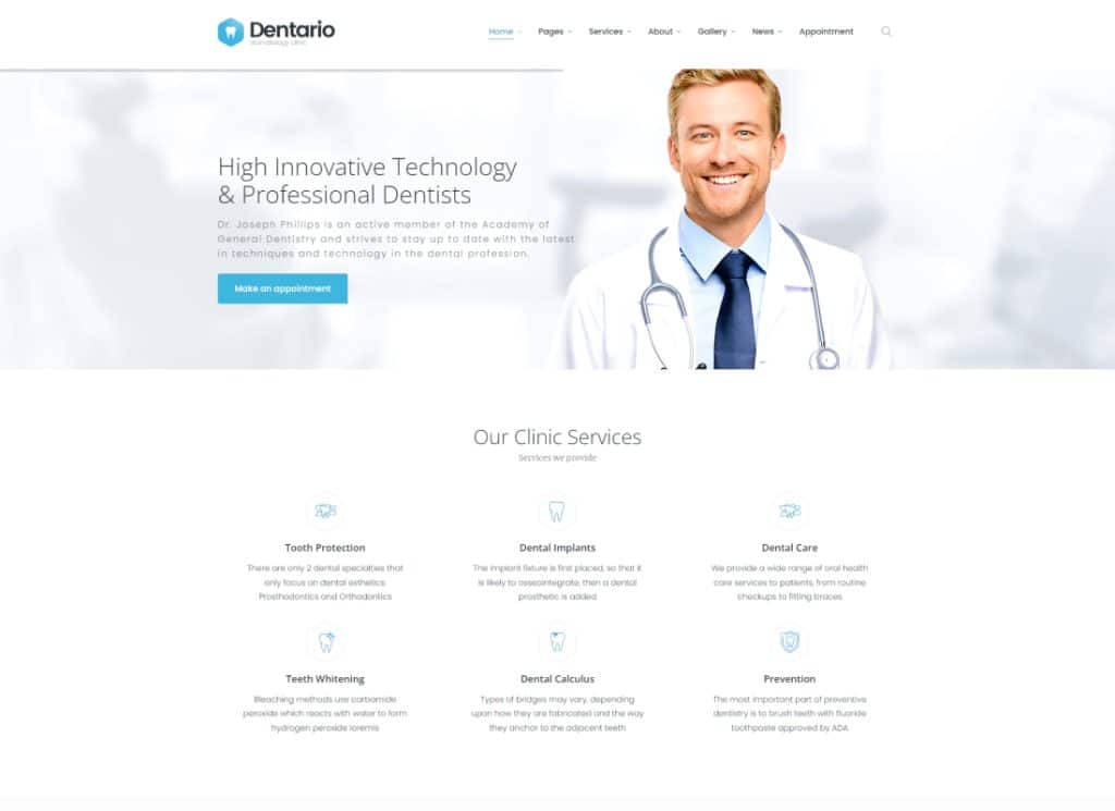 Dentario - Tema WordPress pentru stomatolog, medical și asistență medicală