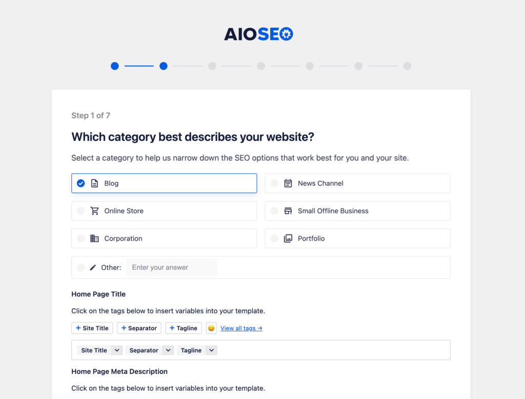 All in One SEO - jelaskan kategori situs web Anda