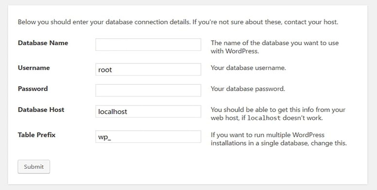 Introduceți informațiile bazei de date pentru instalarea WordPress