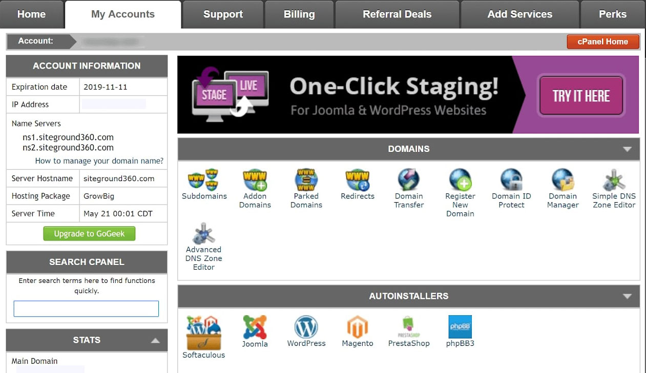 Dasbor cPanel SiteGround