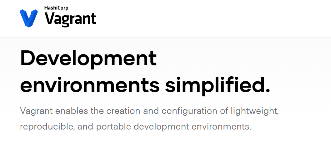 Página de inicio de Vagrant con el lema "entornos de desarrollo simplificados"