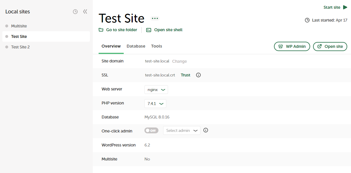 situs pengembangan lokal dengan nama "Test Site"