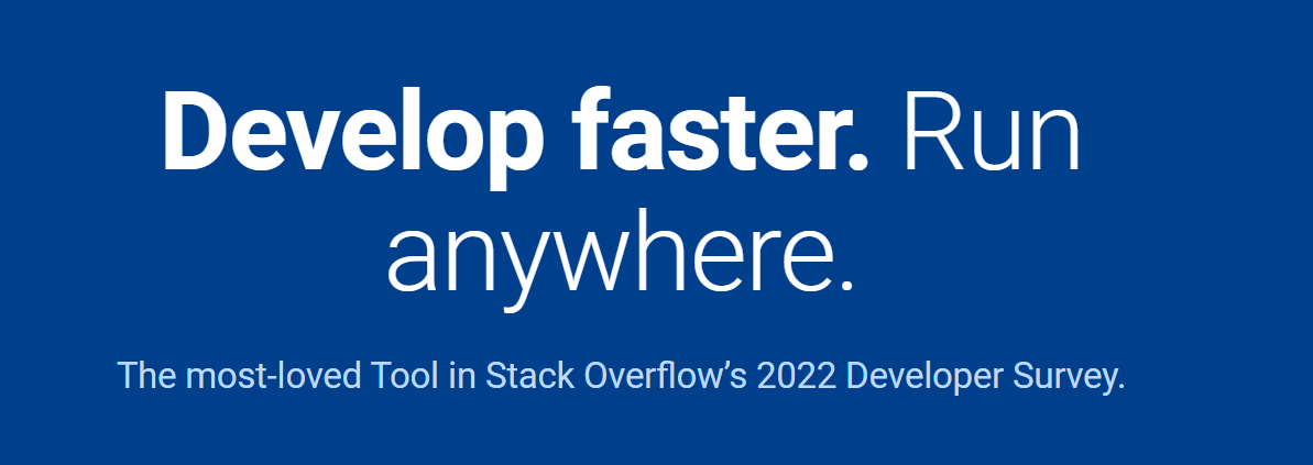 青い背景に「より速く開発。どこでも実行」という白い文字。